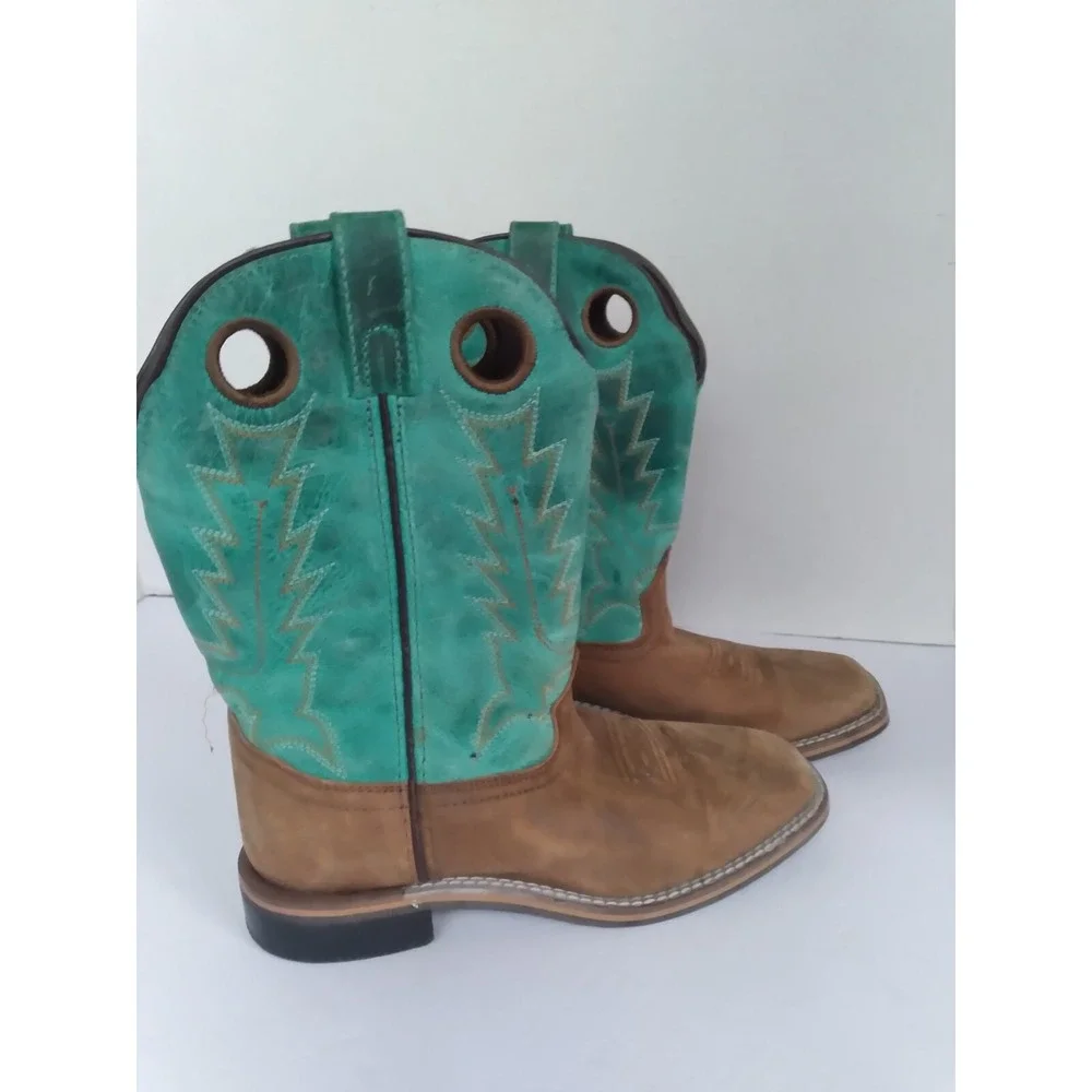 Cowboy Western Boots Square Toe Turquoise Brown‎ Leather Work Boots